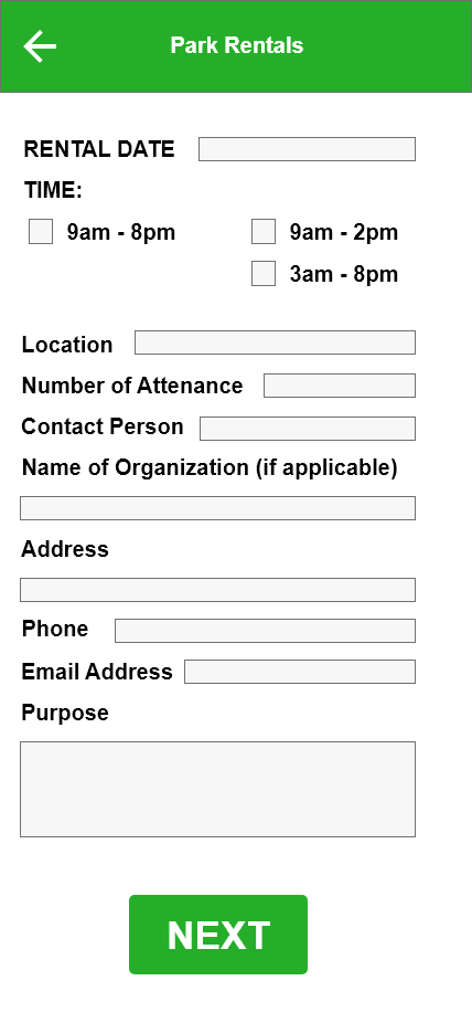 County Park Rental Form screen